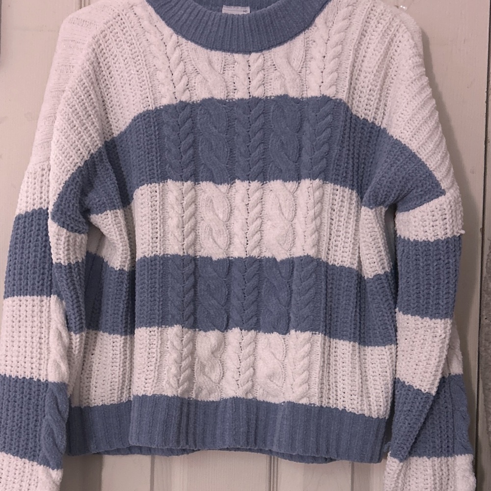 Blue and white stripped winter sweater.